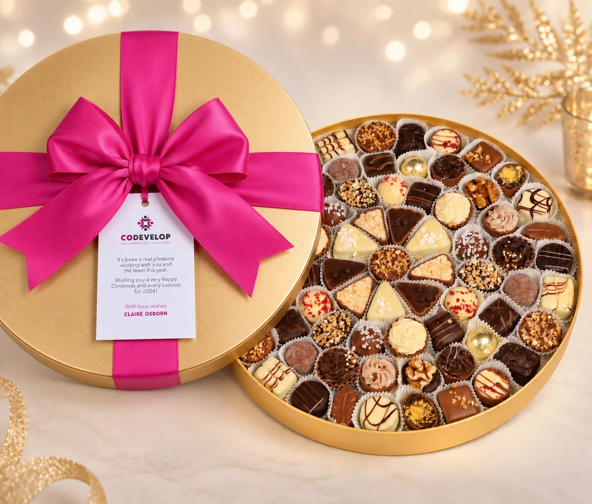 Corporate Gift Box with 73 Luxury Chocolates & Branded Gift Tag in Round Box