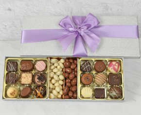 2149 Silver Sparkle Chocolate Taster with Lilac Ribbon. Bursting With Flavour