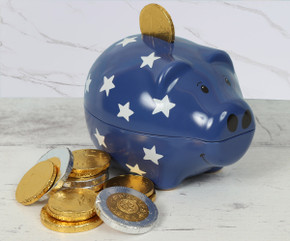 Blue Piggy Bank Tin with Stars filled with Milk Chocolate Coins 8675