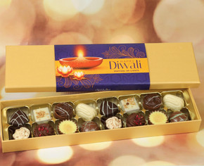 Diwali Chocolates - 8 or 16 Luxury Belgian Chocolates With A Purple and Yellow Diwali Themed Wrapper To Celebrate The Festival Of Lights