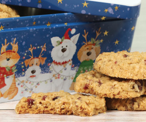2398 Festive Dog & Cat Biscuit Tin With Cranberry and White Choc Biscuits 2398 Festive Dog & Cat Biscuit Tin With Cranberry and White Choc Biscuits