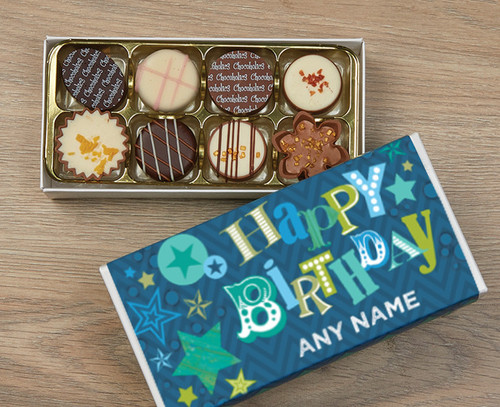Personalised Box Luxury Chocolates in a Blue Happy Birthday design wrapper