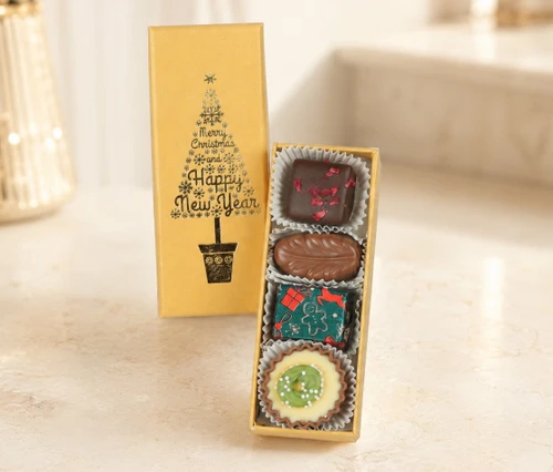 6475 Gold Merry Christmas 4 Choc Selection - Perfect Table Gift Everyone Will Enjoy