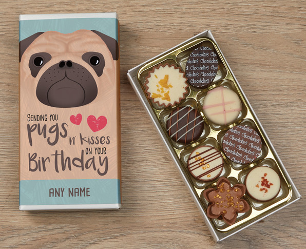 Personalised 8 Luxury Chocolates in a Box - Pug Happy Birthday