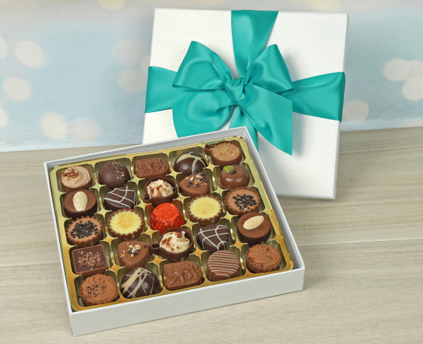 Executive Chocolate Collection in white box with teal ribbon