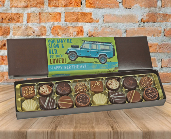 An Off Road Land Rover Luxury Chocolates Box with Happy Birthday Message