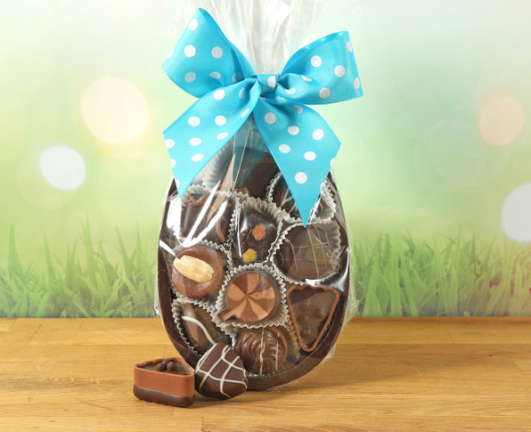 Luxury Plain Chocolate Half Easter Egg with Blue Spot Ribbon