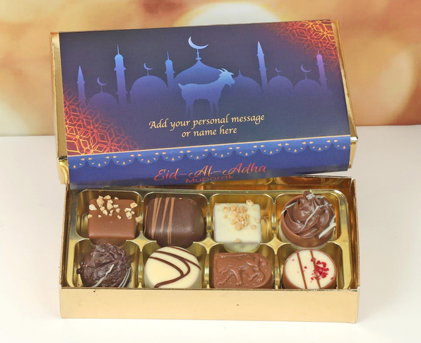 Personalised Eid Box of 8 Luxury Belgian Chocolates to celebrate Eid - purple wrapper 5787
