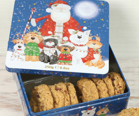 2398 Festive Dog & Cat Biscuit Tin With Cranberry and White Choc Biscuits