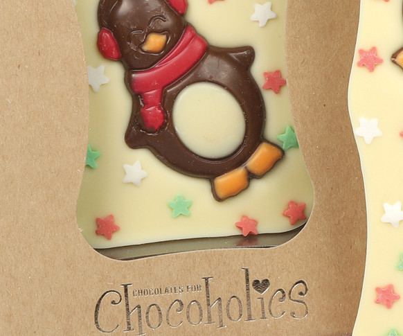 5048 White Chocolate Bar topped with Milk Chocolate Penguins