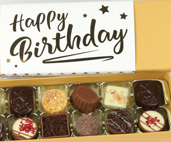 Luxury Box of 16 Belgian Chocolates with a Gold Birthday Wrapper