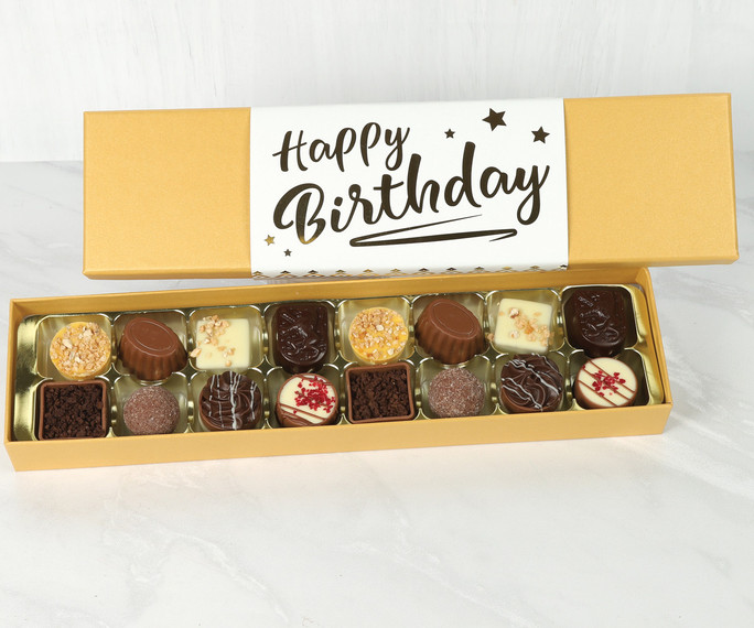 Luxury Box of 8 or 16 Belgian Chocolates for a Birthday with Gold Wrapper
