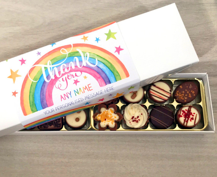 Say Thank You with a Personalised box of 16 Chocolates with a Rainbow Design Wrapper 7889 Say Thank You with a Personalised box of 16 Chocolates with a Rainbow Design Wrapper 7889