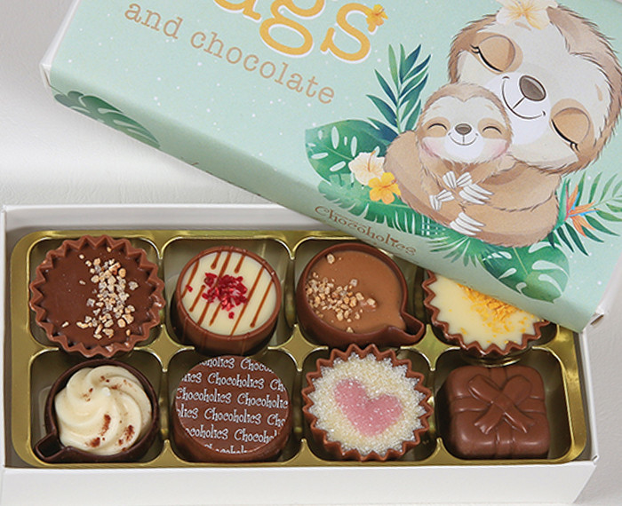 Hugs & Chocolates, 8 Luxury Chocolates with an adorable Sloth Design Wrapper