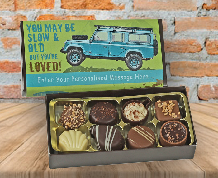 Personalised Box of 8 Luxury Belgian Chocolates for Dad with a Land Rover wrapper - 8924