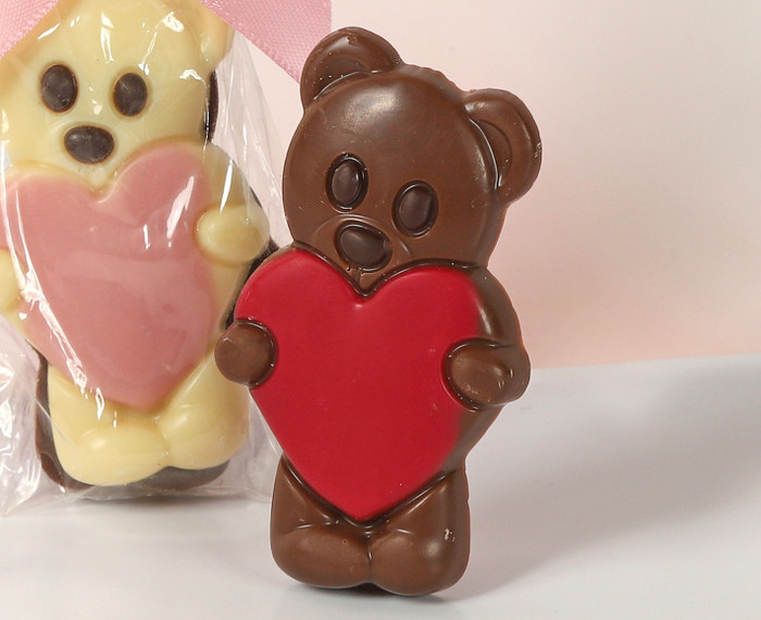 8071 Cute Bear Duo with Milk and White Chocolate Decoration - Pink Ribbon