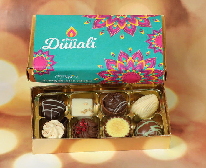 Diwali Chocolates - 8 or 16 Luxury Belgian Chocolates With A Turquoise Diwali Themed Wrapper To Celebrate The Festival Of Lights