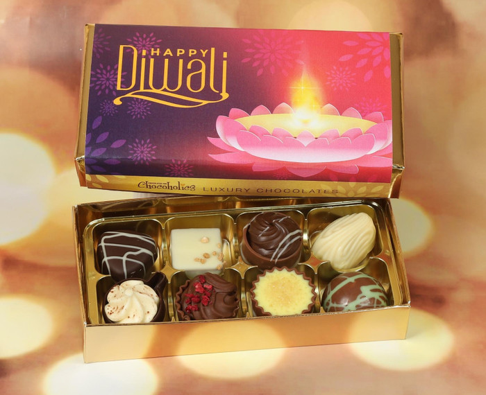 Diwali Chocolates - 8 or 16 Luxury Belgian Chocolates With A Pink Diwali Themed Wrapper To Celebrate The Festival Of Lights