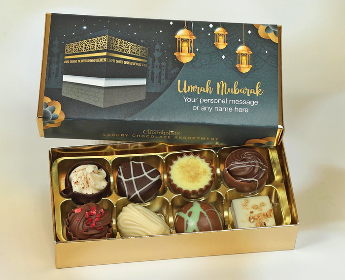 Personalised Umrah Chocolate Gift Box. 8 Luxury Belgian Chocolates to celebrate Ummrah