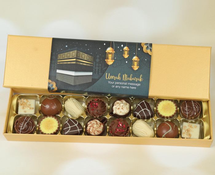 Personalised Umrah Chocolate Gift Box. 16 Luxury Belgian Chocolates to celebrate Ummrah
