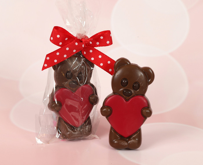 Cute Milk Bear Duo with Milk Chocolate Decoration - Red Spotty Ribbon