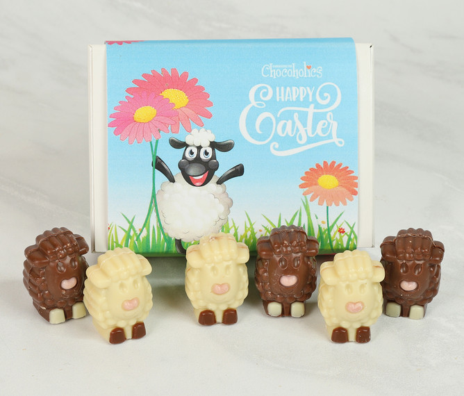 3328 Happy Easter. 6 Chocolate Sheep Box (Milk & White Chocolate)