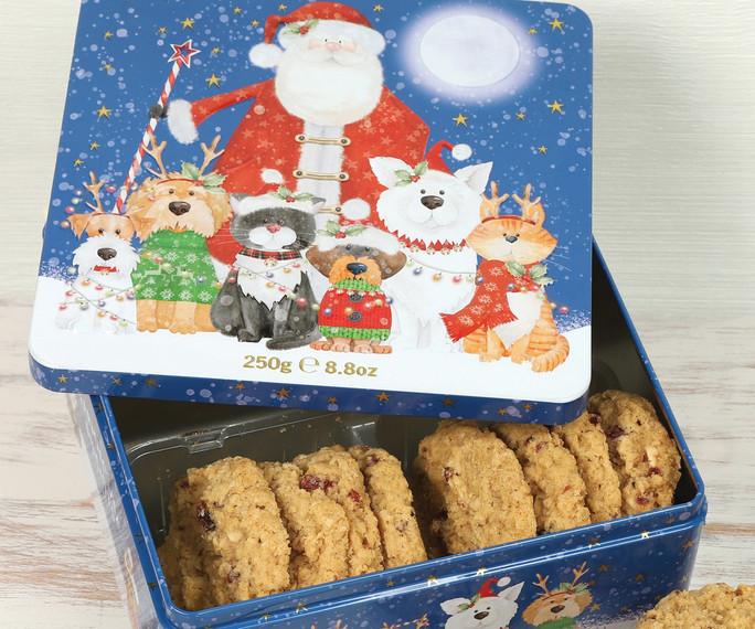 2398 Festive Dog & Cat Biscuit Tin With Cranberry and White Choc Biscuits