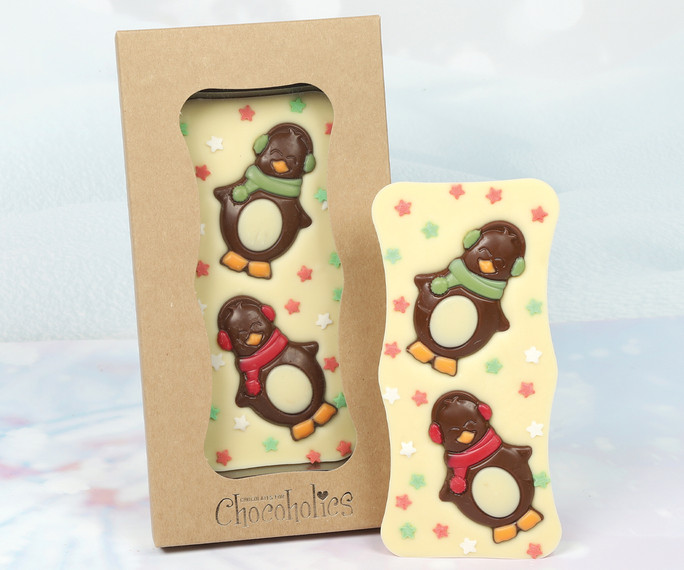 5048 White Chocolate Bar topped with Milk Chocolate Penguins