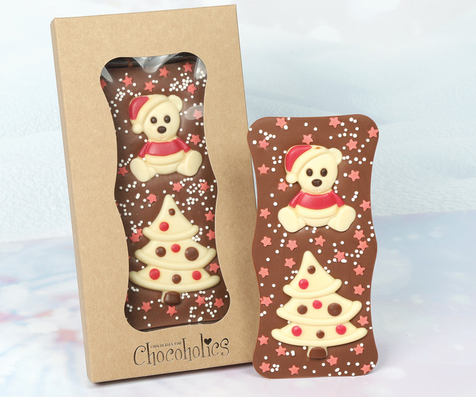 7739 Milk Chocolate Bar topped with White Chocolate Teddy & Xmas Tree