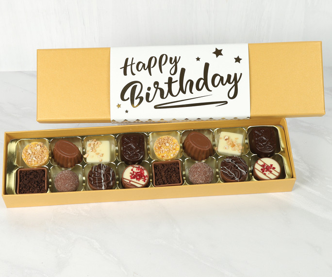 5014 Luxury Box of 16 Belgian Chocolates with a Gold Birthday Wrapper