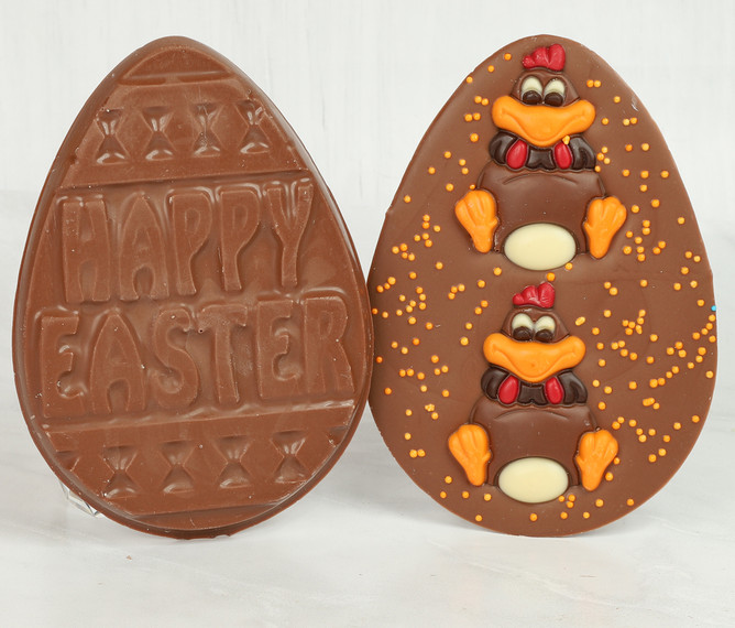 8697 Crazy Rooster Flat Milk Chocolate Egg with Chocolate Chicken & Sprinkles
