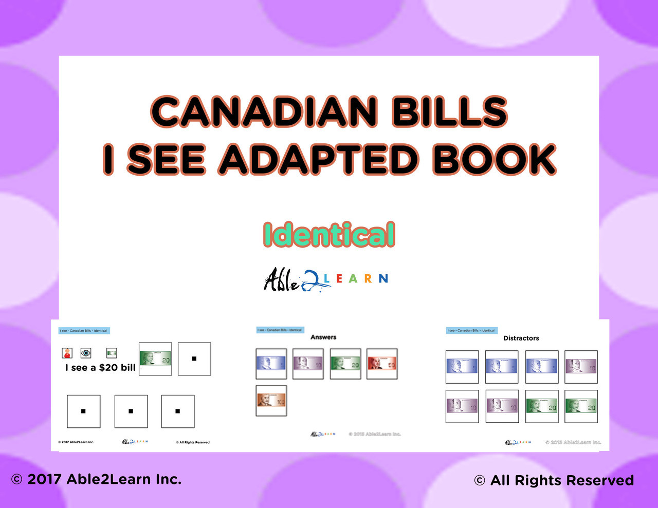 canadian dollar bills identical matching free math adapted book