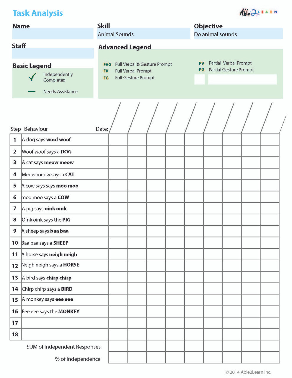 Data Sheets - Animal Sounds: 1 Page - Able2learn Inc.