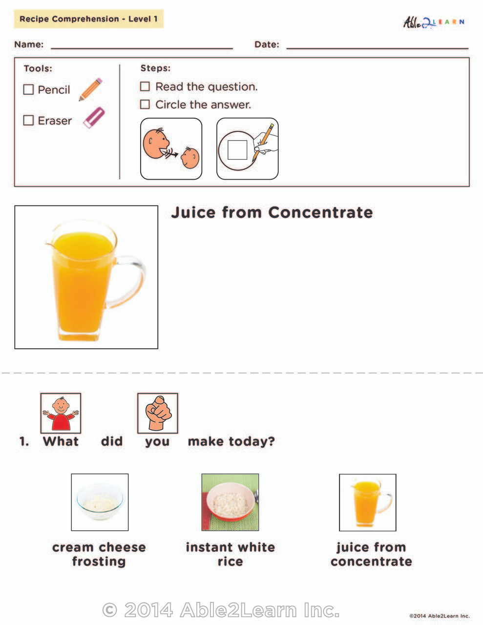 Juice From Concentrate Visual Recipe with Comprehension Sheets Visual