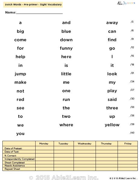 Dolch Words PrePrimers Word Word List & Flashcards Able2learn Inc.