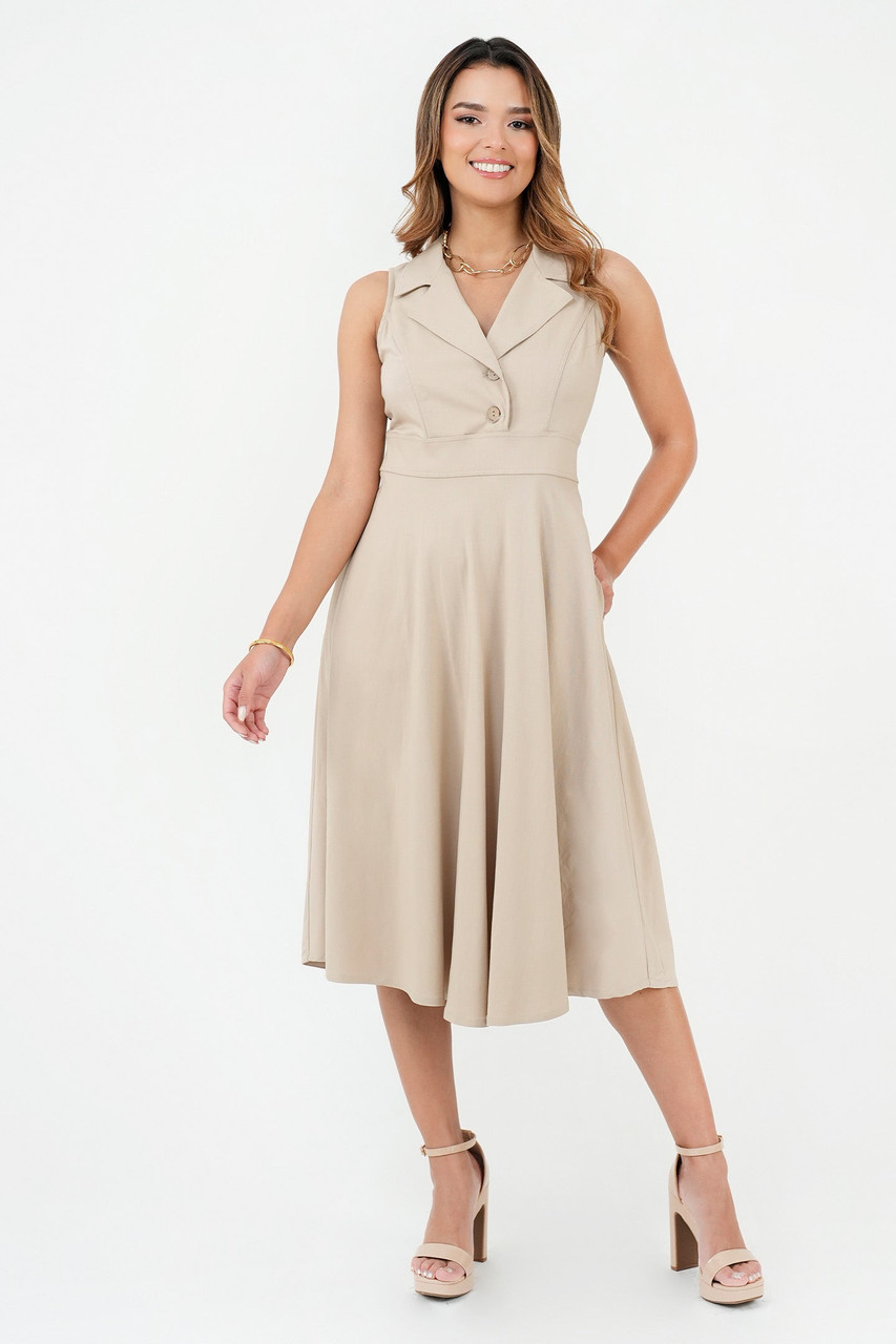 Vestido Midi Cuello y Solapa con Fajín