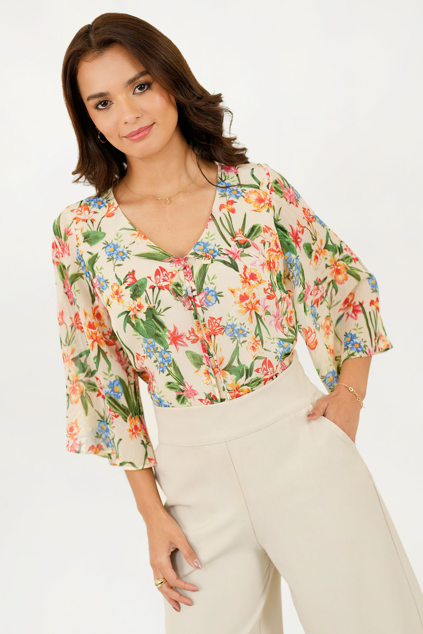 Blusa Manga 3/4 Gasa Estampada con Lazo Escote en V