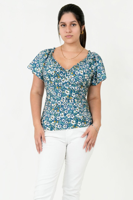 Blusa Seda Bali Manga Corta con Bobo Decorativo