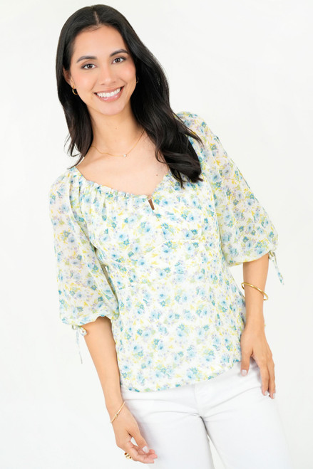 Blusa Gasa Estampada Escote Redondo con Bobito