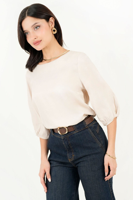 Blusa Manga 3/4 Seda Satinada Escote Ojal con Manga Abuchonada