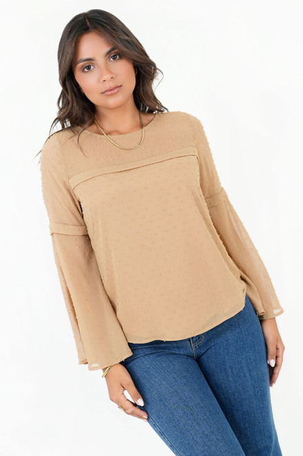 Blusa Manga 3/4 Seda Satinada Escote Ojal con Manga Abuchonada