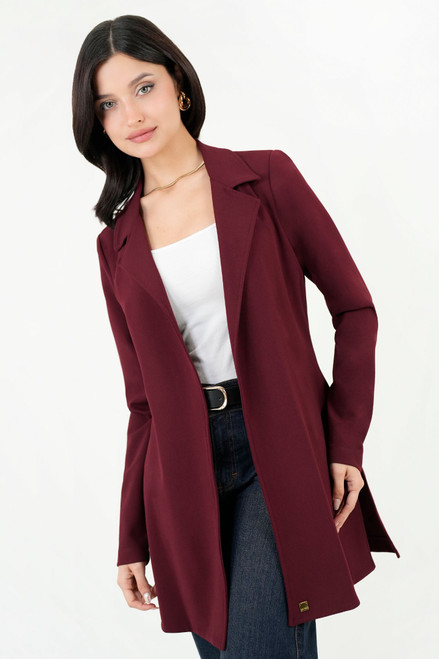 Cardigan Largo Tela Scuba con Solapa Clásica y Aberturas Laterales