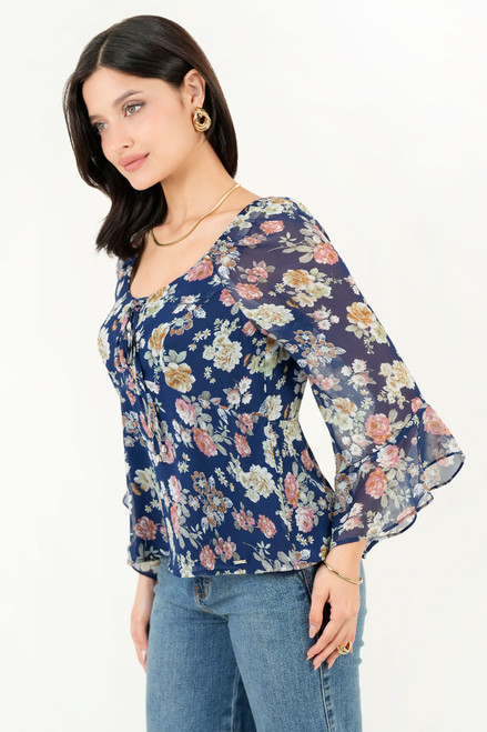 Blusa Escote Redondo Gasa Estampada con Manga 3/4 Acampanada