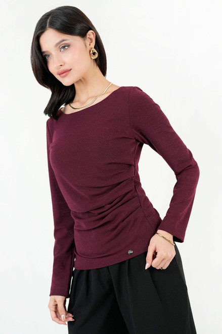 Polo Manga Larga Viscosa Lurex Escote Ojal con Drapeado en Cintura