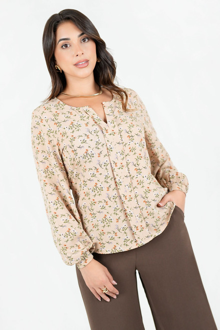 Blusa Manga Larga Seda Corrugada con Escote Redondo y Abertura en V
