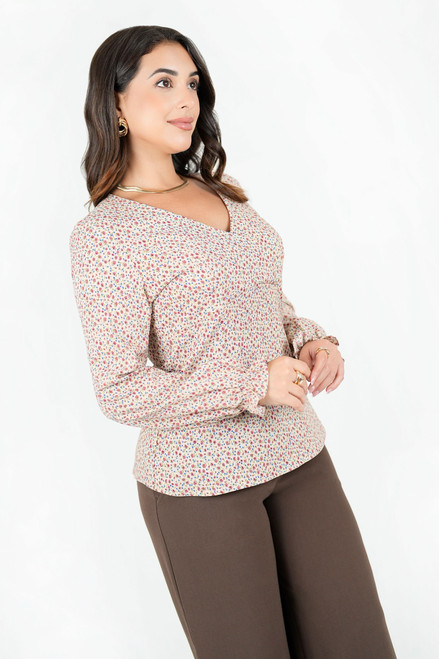 Blusa manga larga en seda corrugada con escote V