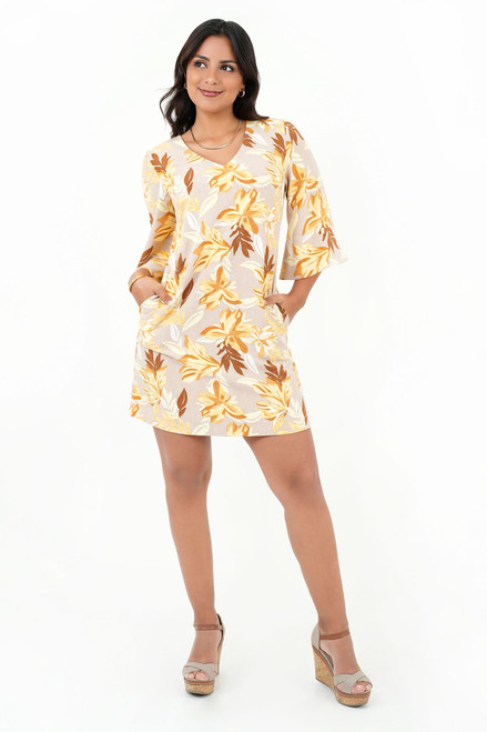 Vestido Corto de Rayón Estampado con Manga Acampanada