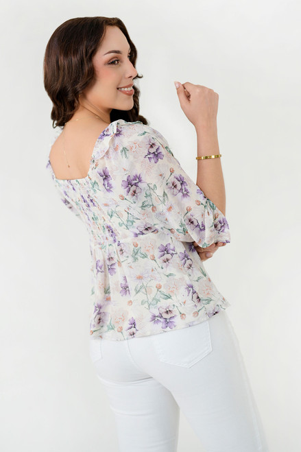 Blusa Manga 3/4 Gasa Estampada con Lazo Blusa Manga 3/4 Gasa Estampada con Lazo