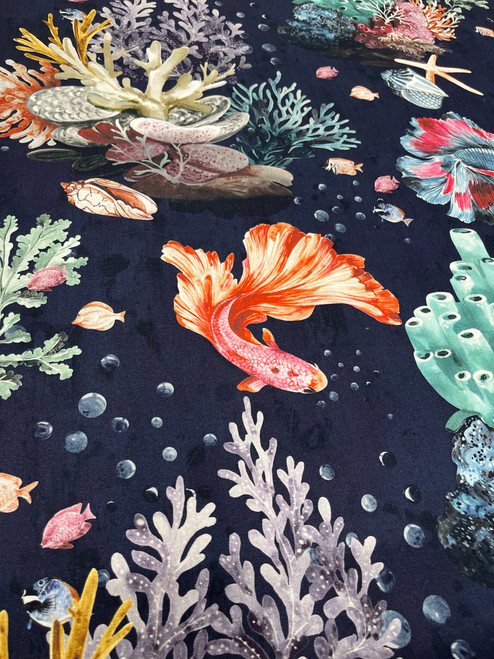 Deep Sea Cotton Print - Navy/Teal/Orange