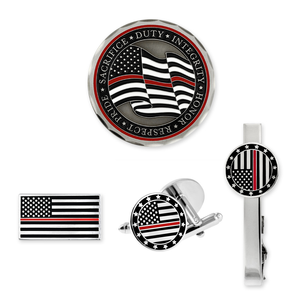 PinMart Thin Red Line Tie Clip - American Flag Firefighter Tie Bar, Nickel Plated, 2-1/8" W